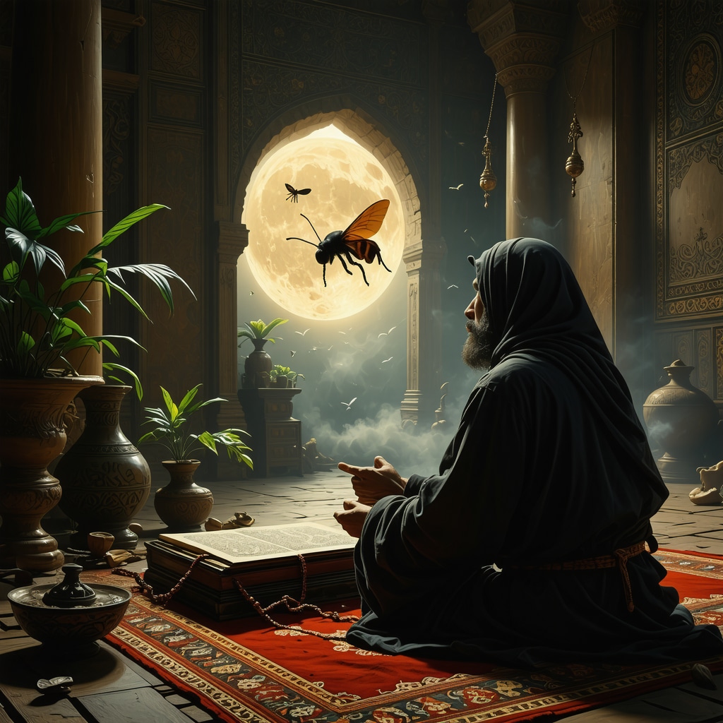 Person reflecting on insect symbolism in Islamic dream interpretation setting