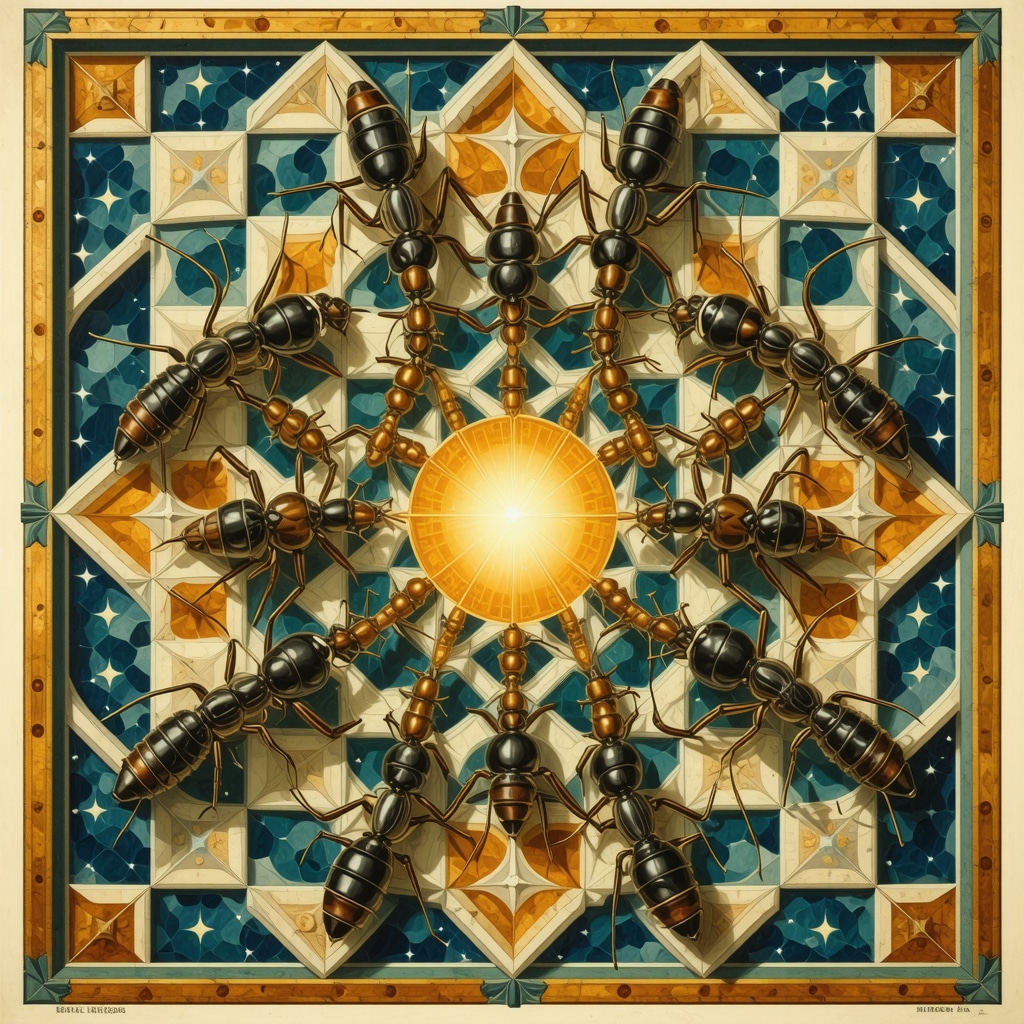 Illustration of ants working together within Islamic geometric patterns symbolizing spiritual perseverance
