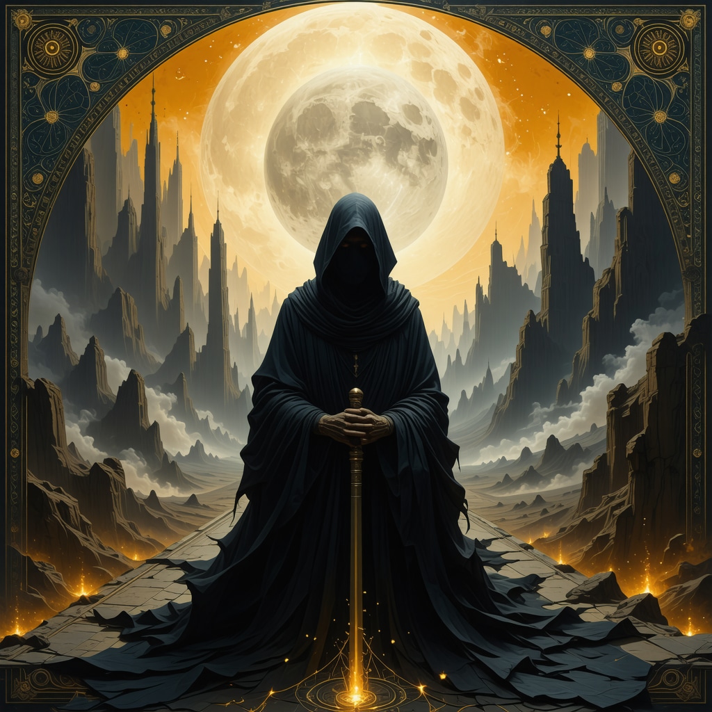 Islamic pattern and dreamscape with shadowy thief figure representing spiritual and psychological themes