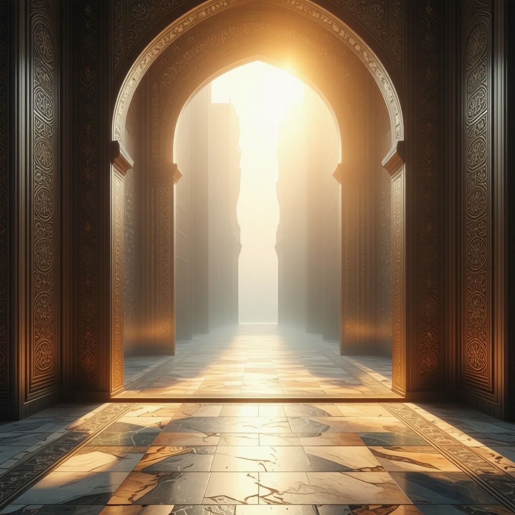 Mystical mirror reflecting spiritual self-reflection on Islamic geometric background