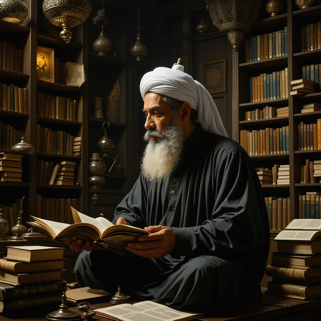 Islamic scholar studying Islamic dream interpretation manuscripts in a softly lit room