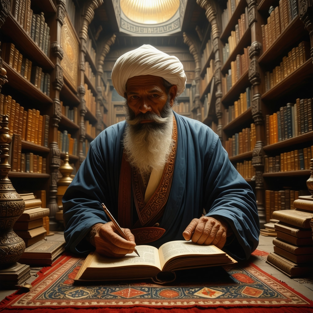 Islamic scholar reading ancient manuscripts on dream interpretation in a traditional library