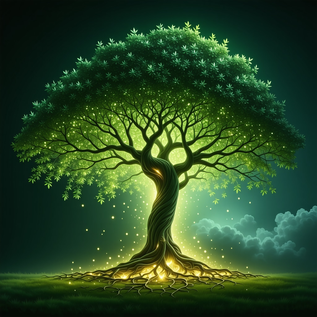 Illustration of a glowing tree with green leaves and golden roots representing spiritual growth and divine light in Islamic mysticism