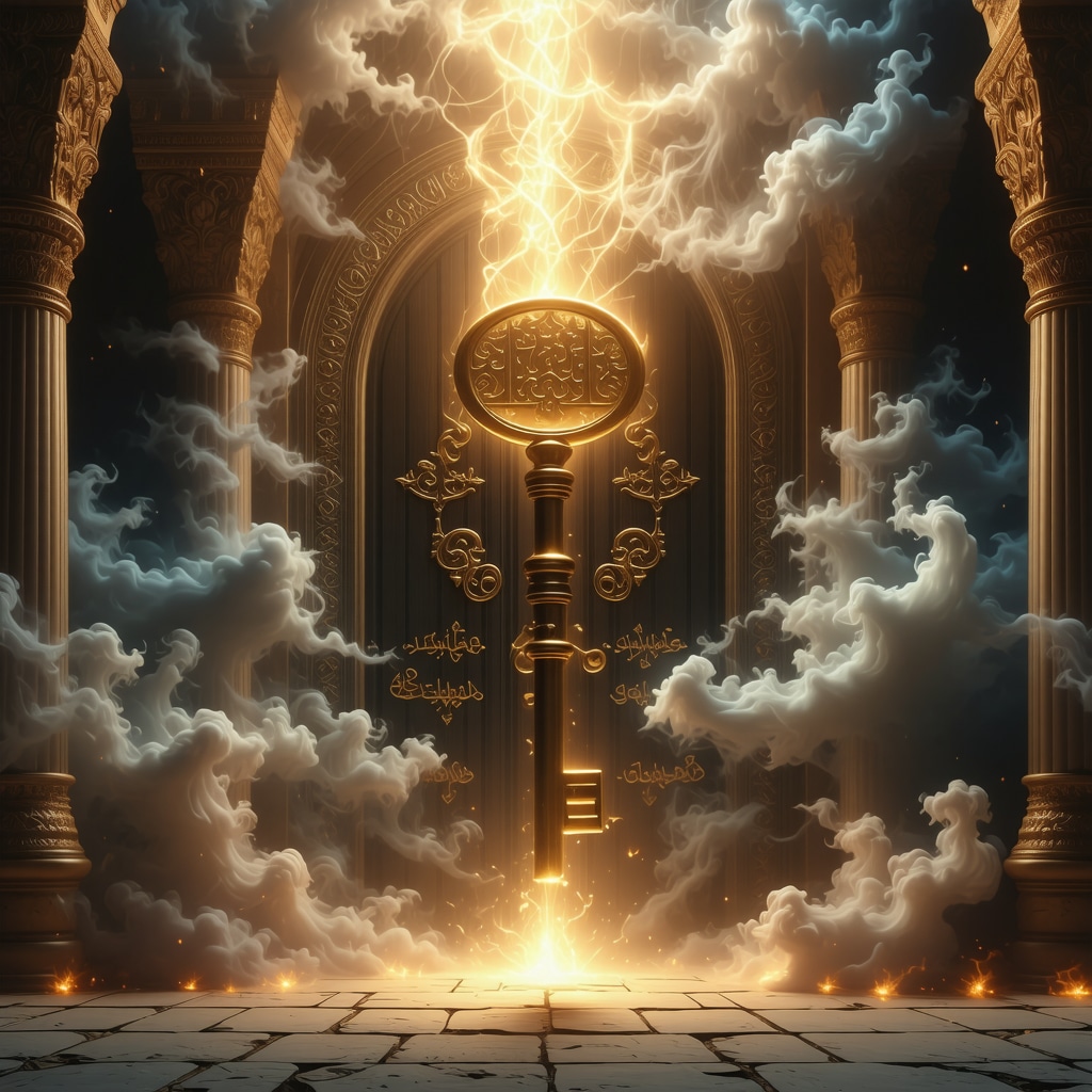 Glowing golden key above an ornate door with Islamic calligraphy symbolizing spiritual guidance
