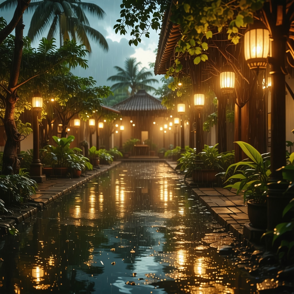 Gentle rain falling over a traditional Islamic garden at night symbolizing spiritual renewal