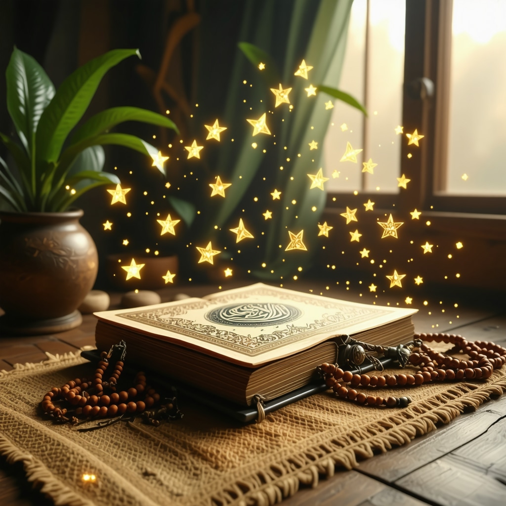 A mystical Islamic study setting with Quran and glowing golden symbols representing dream interpretation and spiritual enlightenment