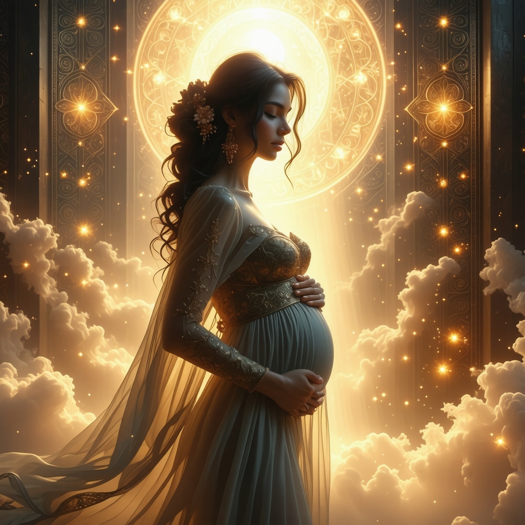 Pregnant woman surrounded by Islamic patterns and glowing light symbolizing spiritual growth