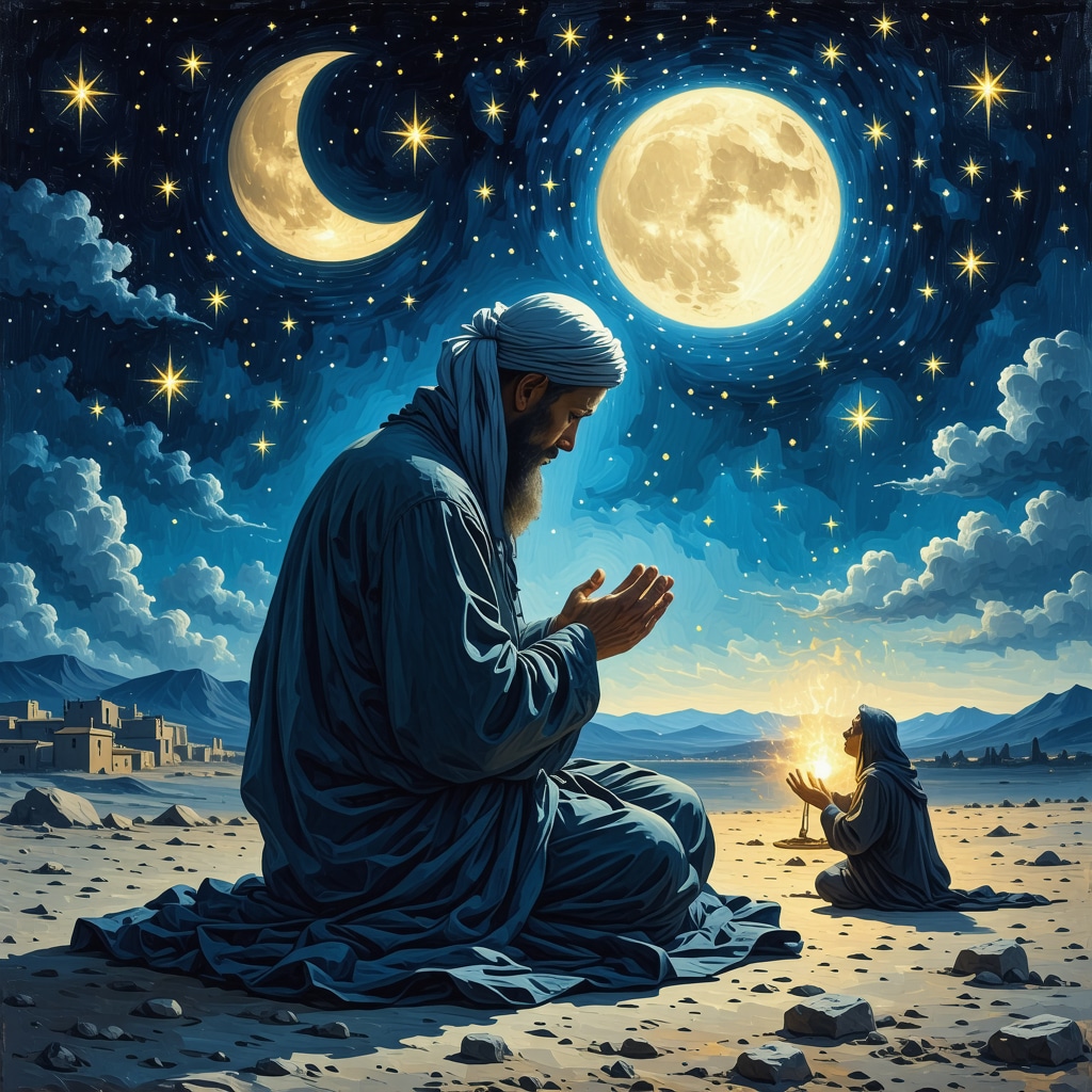 Muslim praying at night with symbolic dream elements representing hardship and spiritual guidance