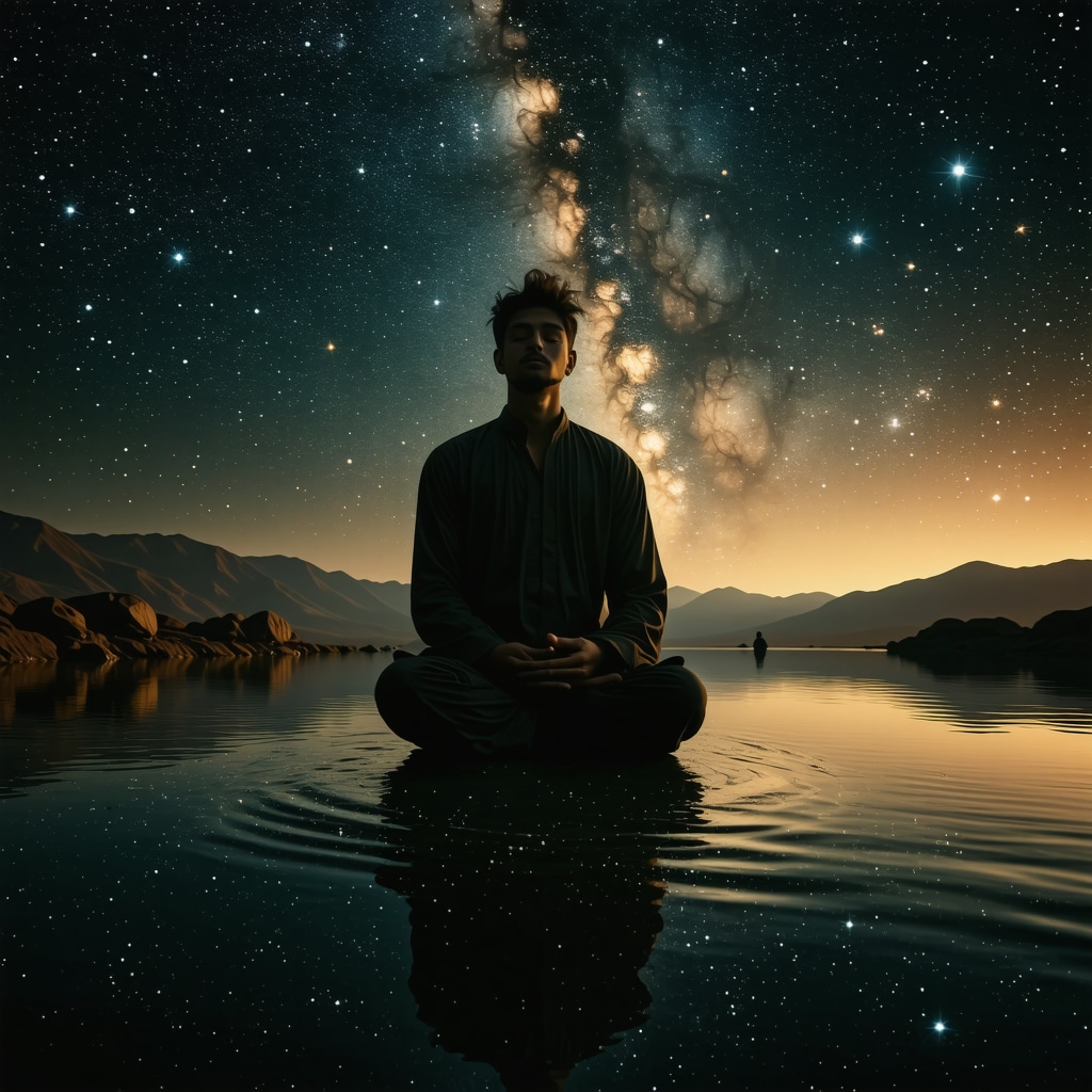 Sufi mystic meditating beside murky water under starry night symbolizing spiritual purification and transformation