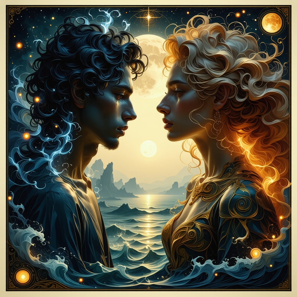 Artistic illustration of Islamic dream symbols including sexuality, water, fire, and male and female figures under moonlight.