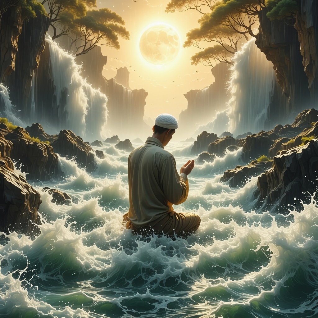 Artistic image of a serene figure praying amidst a symbolic flood with Islamic motifs representing spiritual cleansing and transformation