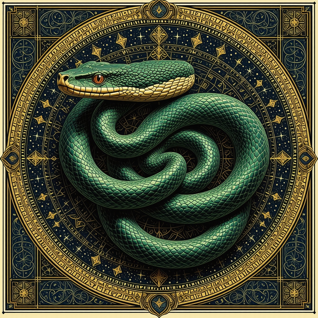 Symbolic snake intertwined with Islamic geometric patterns and Quranic calligraphy representing spiritual transformation