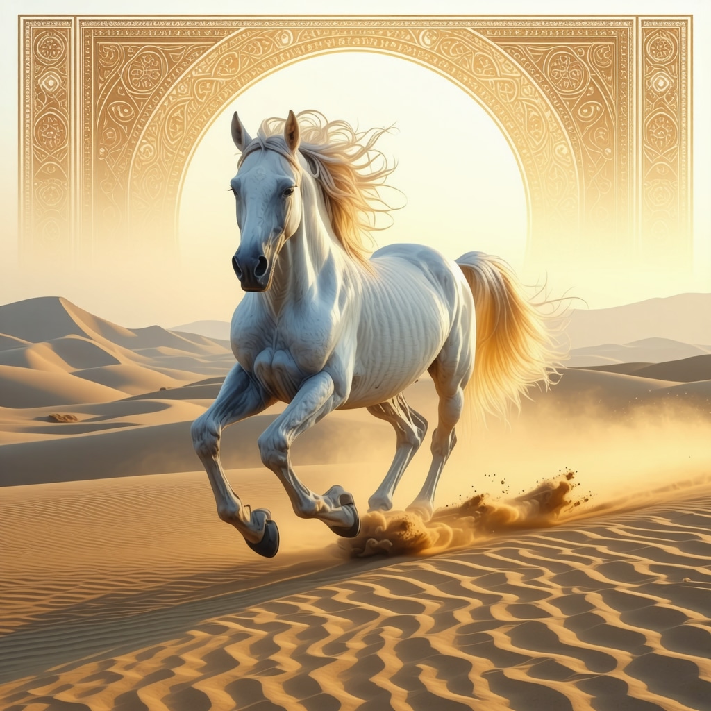 Arabian horse running freely at dawn with Islamic geometric patterns symbolizing spiritual freedom