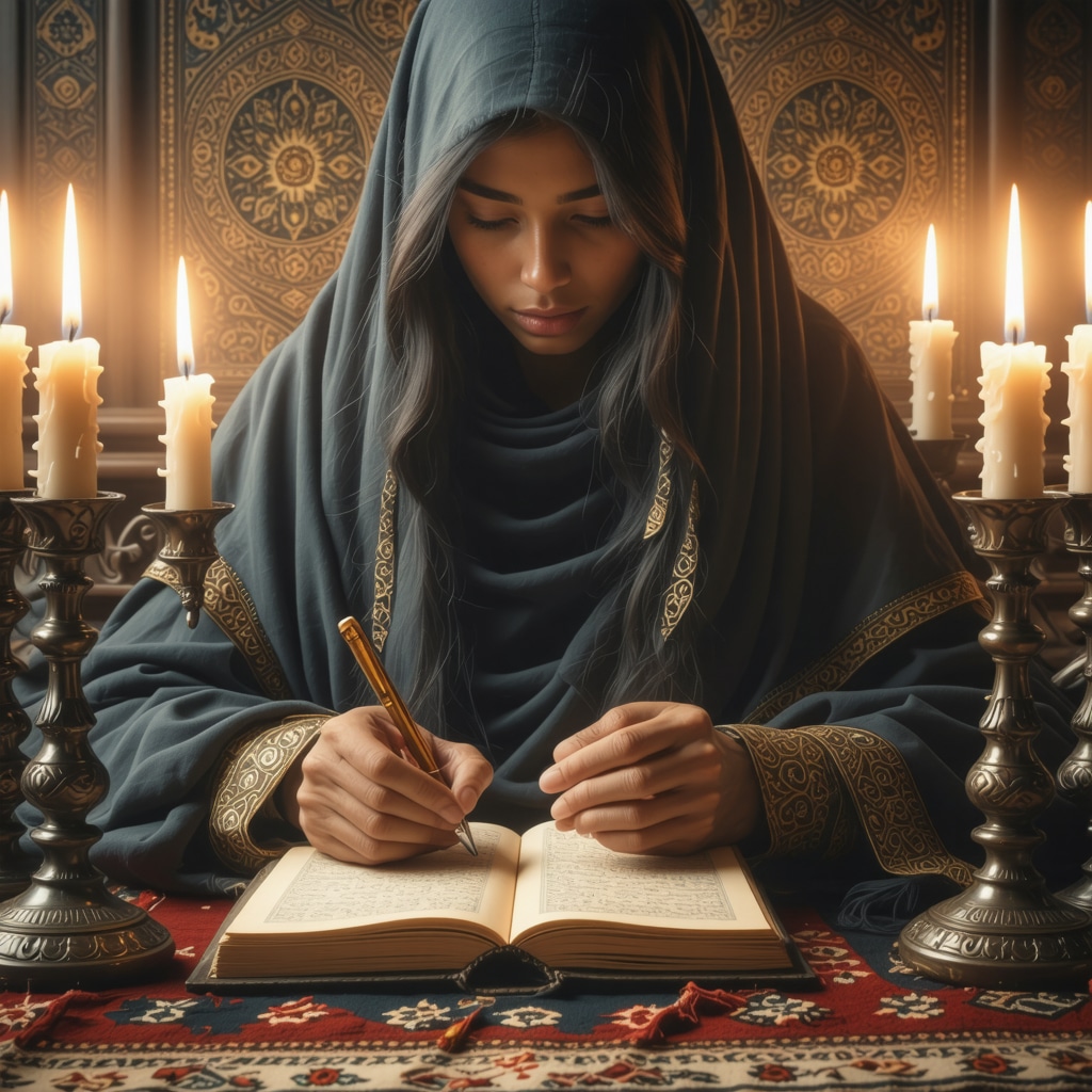 Person writing in a dream journal with Islamic motifs symbolizing spiritual reflection