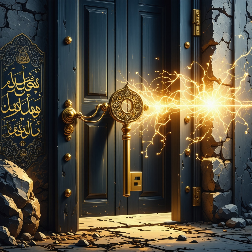 Golden key unlocking spiritual door with Arabic calligraphy background