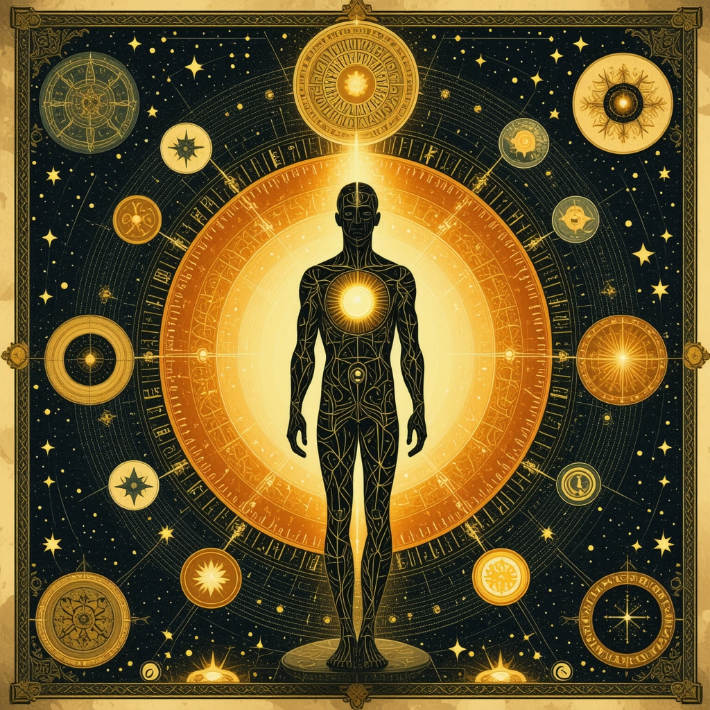 Illustration of sejtan in human form surrounded by Islamic spiritual symbols