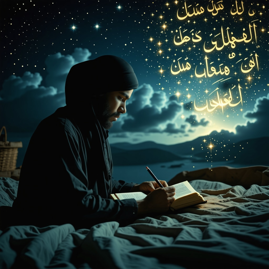 Muslim individual writing dreams with Islamic symbols around