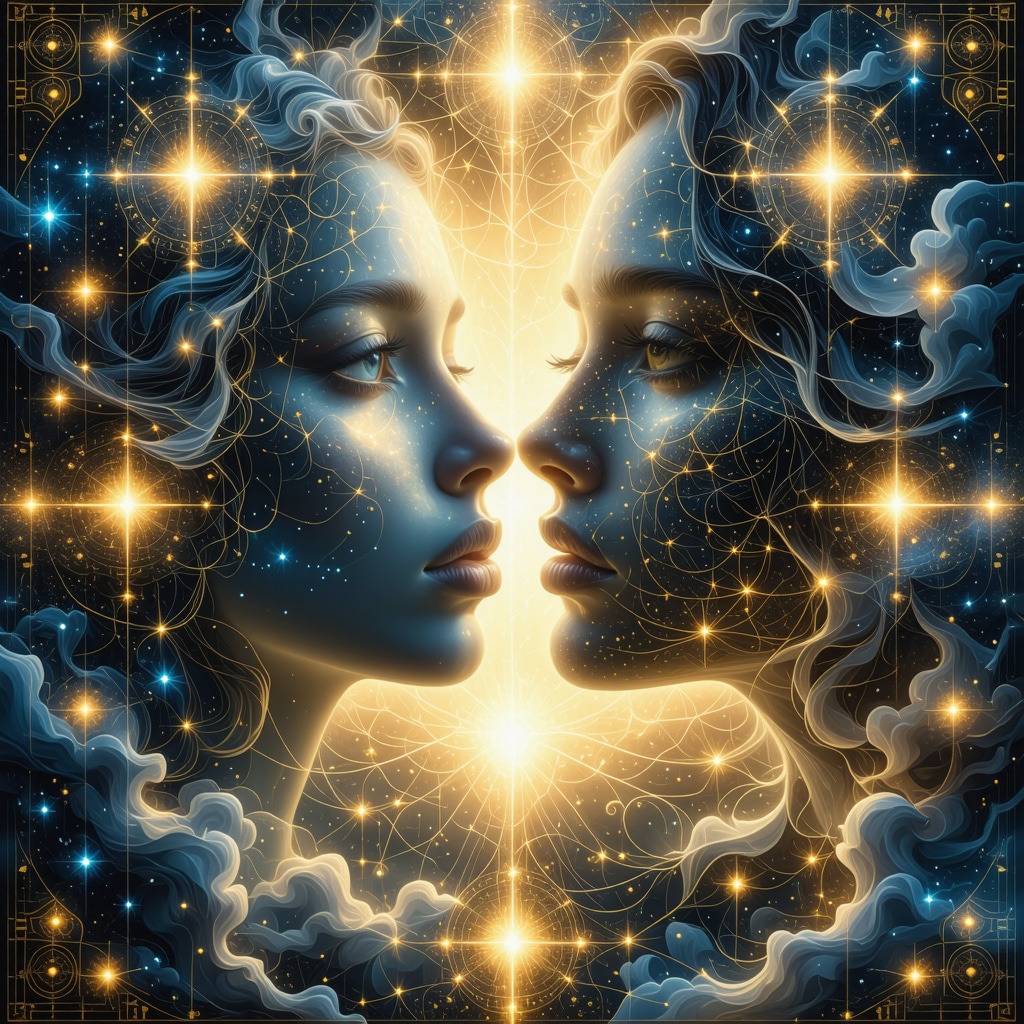 Islamic pattern with dreamlike kiss symbol and serene contemplation