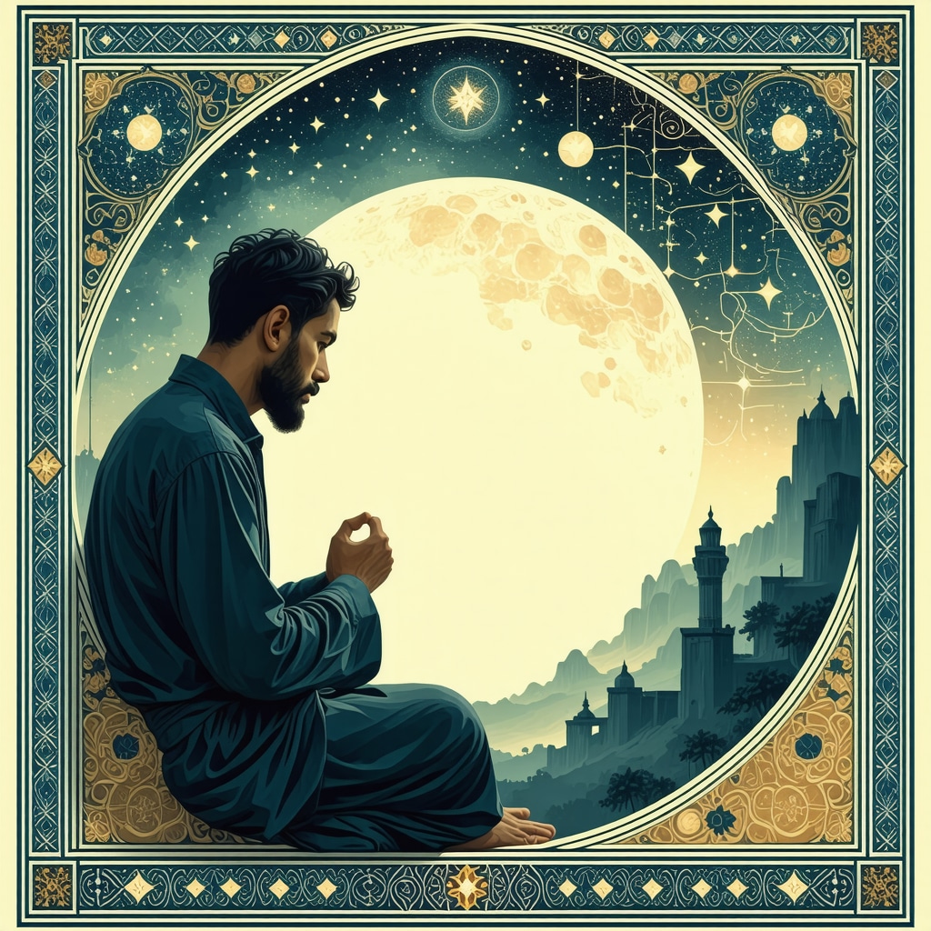Illustration of a man contemplating a dream about his brother with Islamic geometric and calligraphy motifs