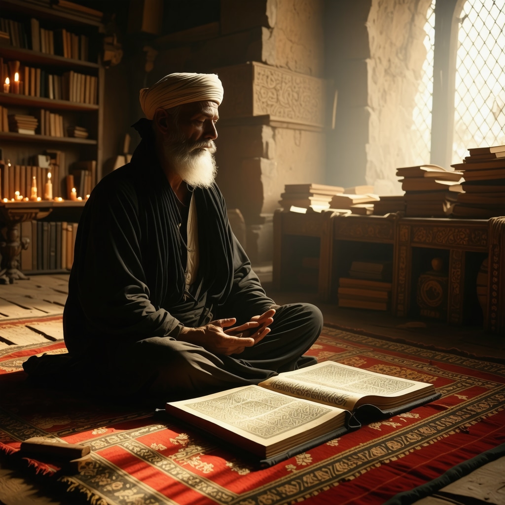 Islamic scholar reflecting on Ibn Sirin's dream interpretation manuscript in a traditional study setting