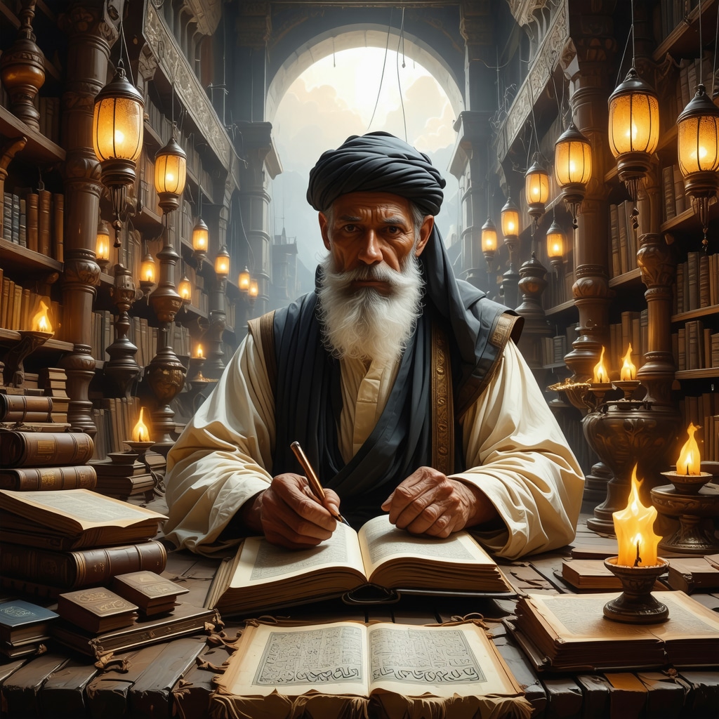 Islamic scholar deeply engaged in reading classical texts on dream interpretation about teeth symbolism