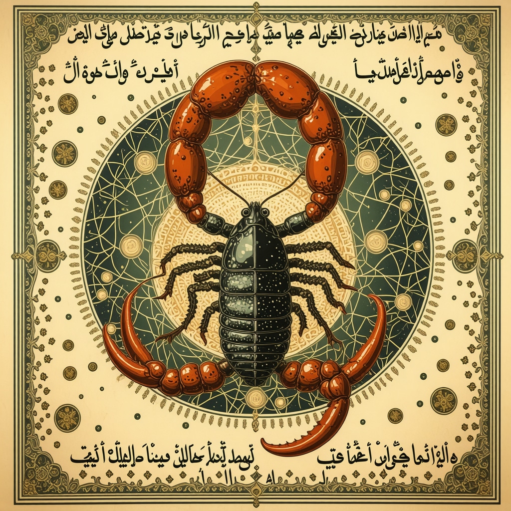 Artistic scorpion entwined with Arabic calligraphy representing spiritual dream symbolism in Islam