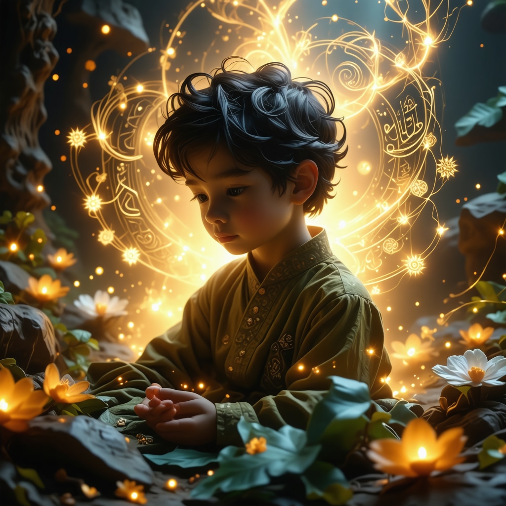 Glowing male child surrounded by Islamic calligraphy and spiritual symbols in a dreamlike scene