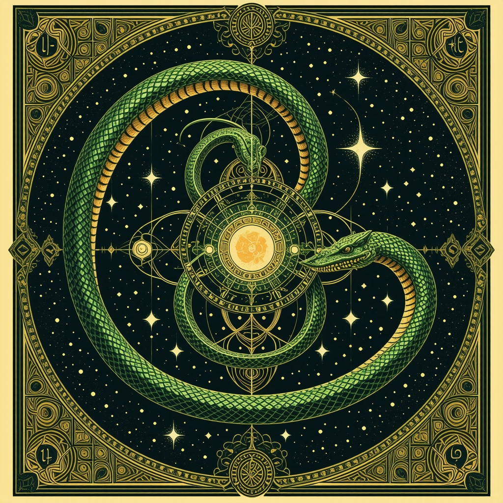 Illustration depicting a mystical serpent combined with Islamic geometric patterns symbolizing spiritual and neurobiological aspects of dreams
