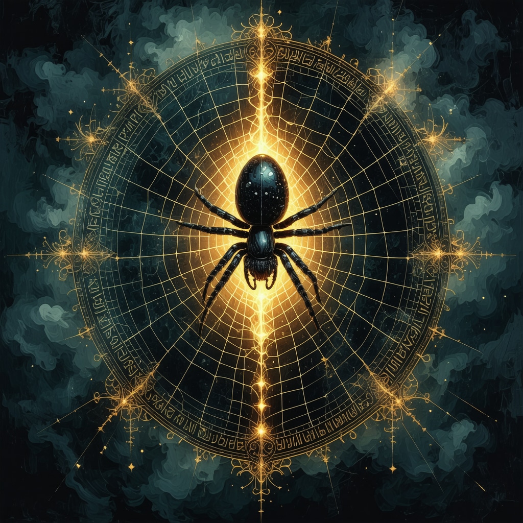 Mystical spider weaving glowing web with Arabic calligraphy in background