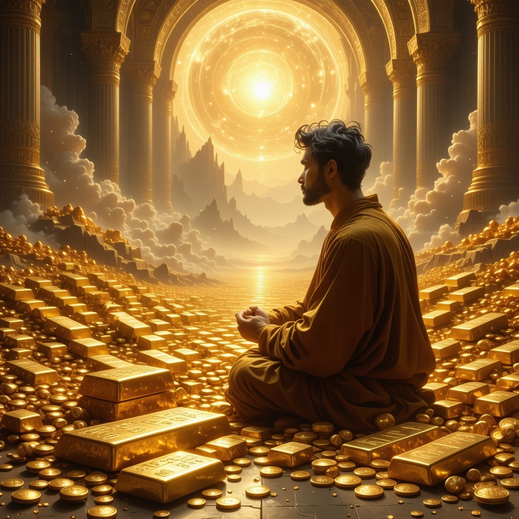 Person reflecting on a dream of gold with Islamic spiritual symbols in background