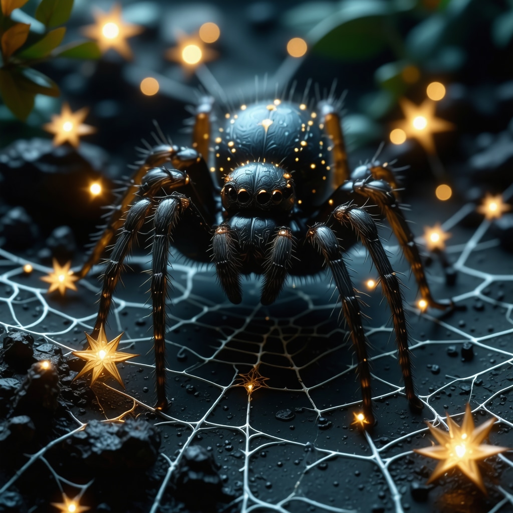 Mystical spider weaving an intricate glowing web in a dark spiritual Islamic context