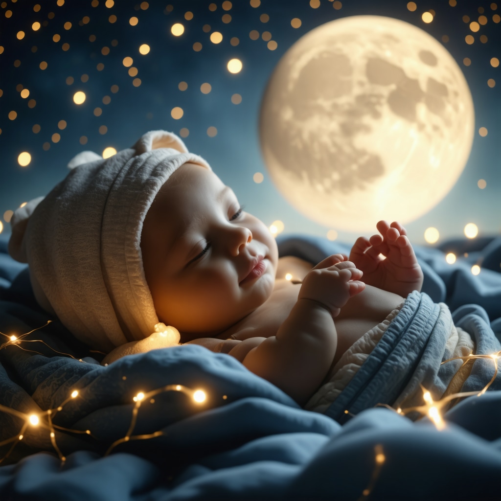 Glowing infant cradled in hands under moonlight with Arabic calligraphy background