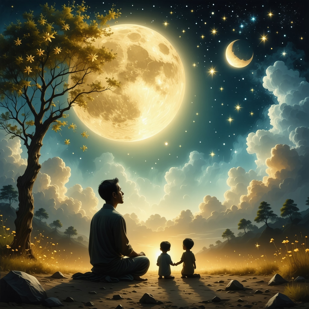 Person meditating with symbolic imagery of children and Islamic motifs