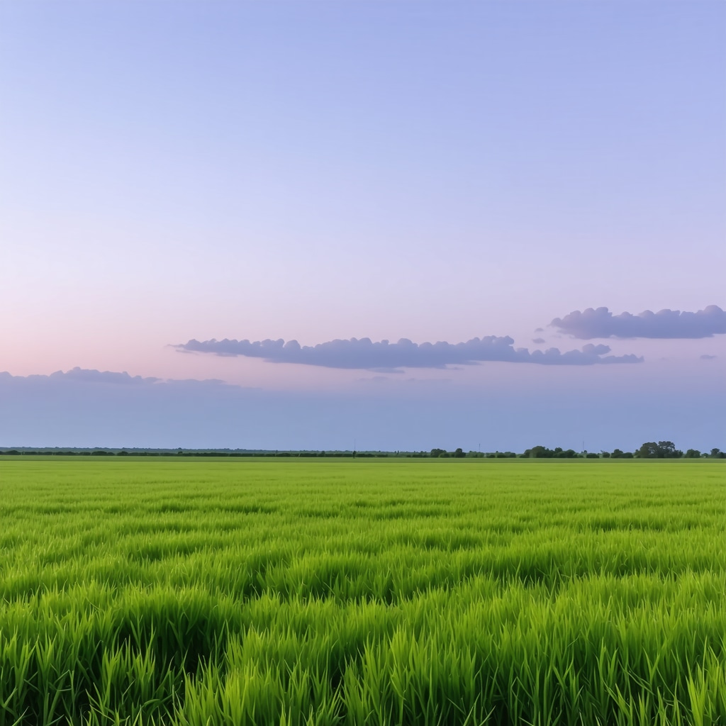 A peaceful field of lush green grass at twilight symbolizing spiritual renewal in Islam