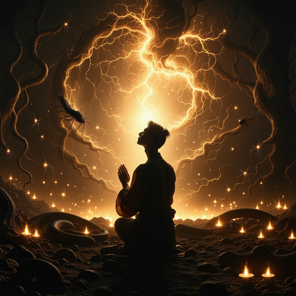 Person praying at dawn with subtle symbols of snakes and spiders in the background representing dream symbolism and spiritual transformation