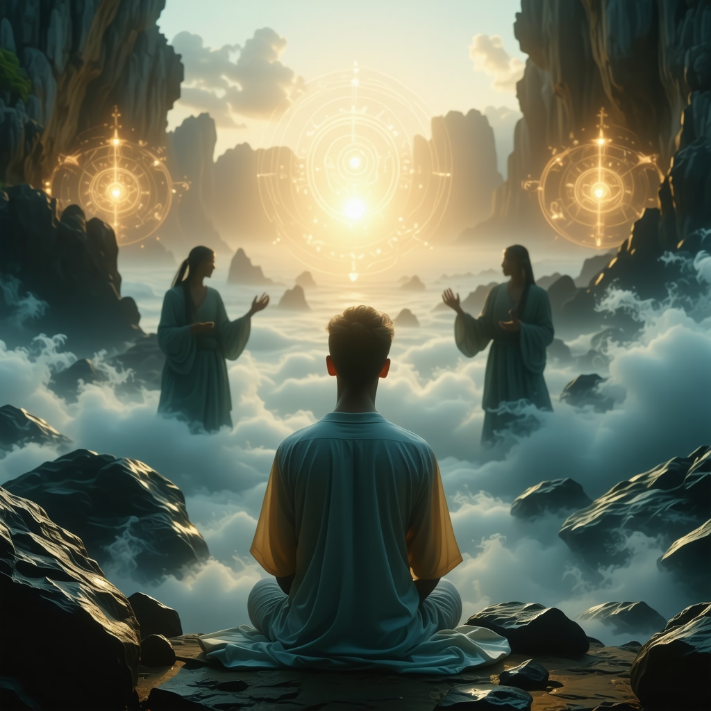 Person praying at dawn with symbolic ethereal figures representing inner spiritual battles and protection