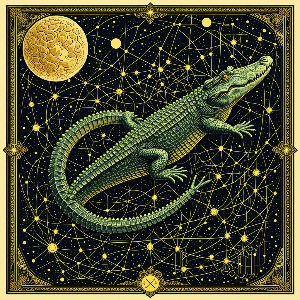 An artistic representation combining a crocodile, Islamic calligraphy, and neural brain patterns conveying dream symbolism and psychological analysis