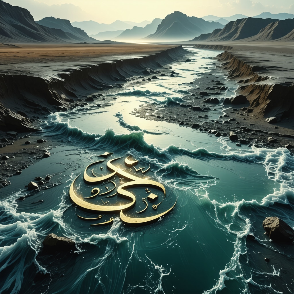 Turbulent muddy river with glowing Arabic calligraphy representing spiritual cleansing in Islam