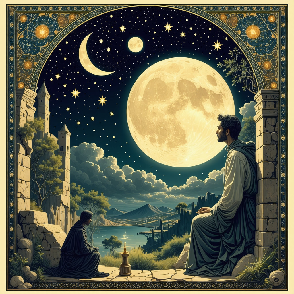 Artystyczna symboliczna ilustracja snu o złodzieju z elementami islamskimi i duchowymi