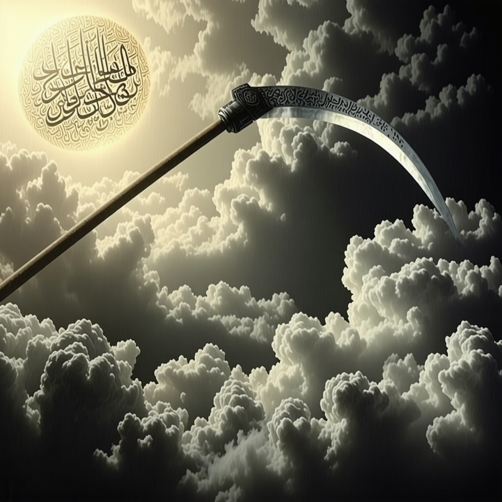 Opadająca kosa na tle islamskiej kaligrafii i chmur symbolizująca duchową transformację w interpretacji snów