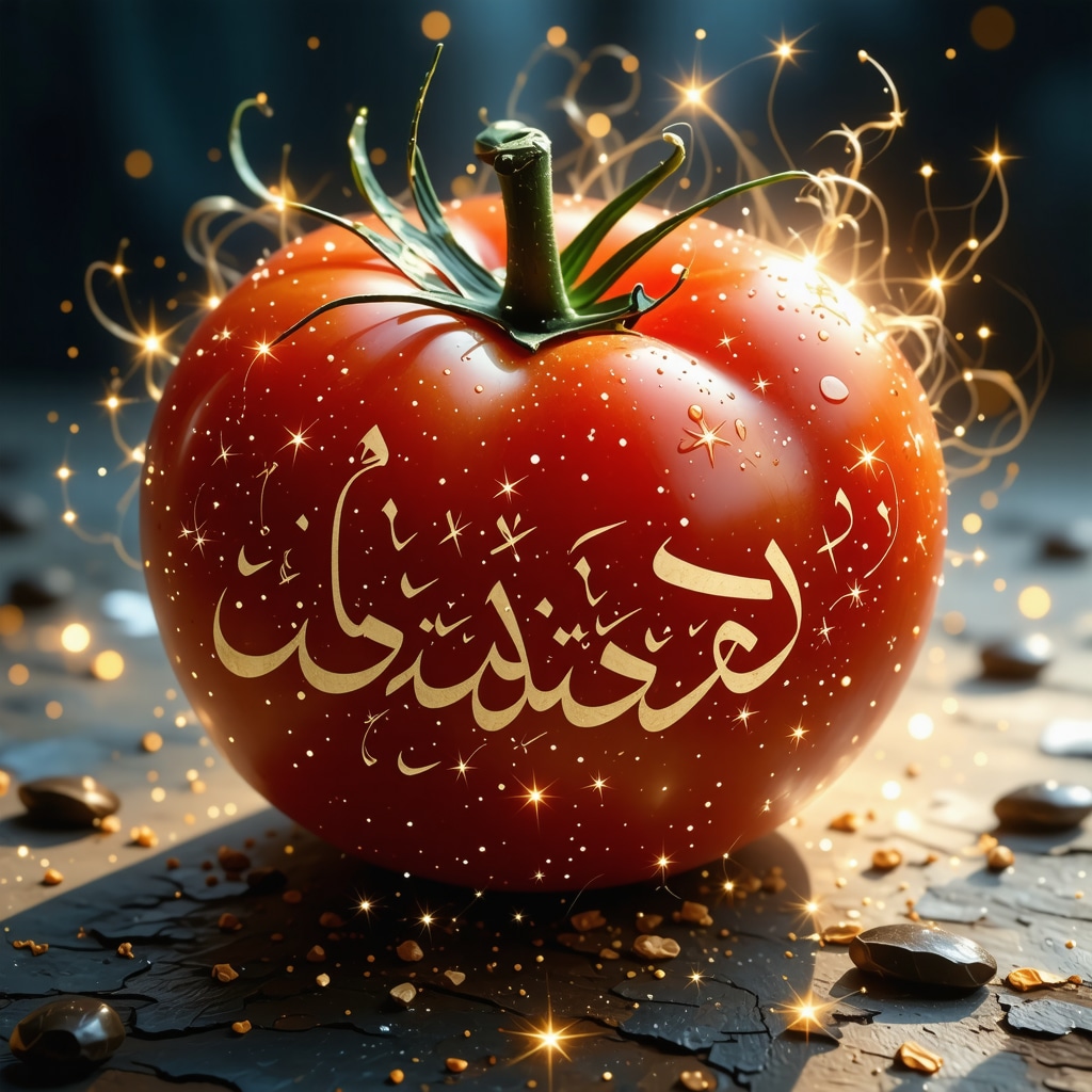 Ripe red tomato illuminated by ethereal light with Arabic calligraphy and starry night background symbolizing Islamic dream interpretation