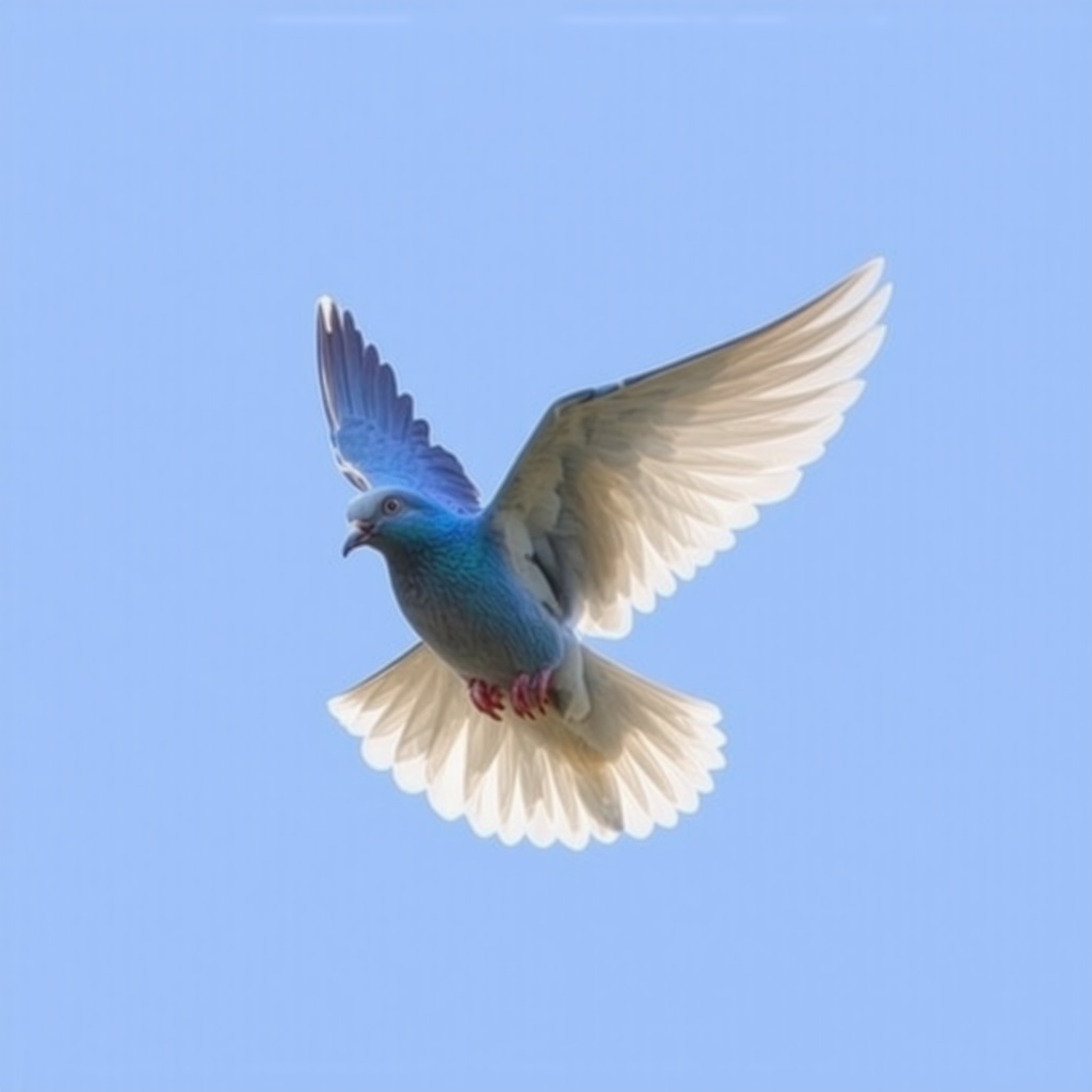 A peaceful blue dove flying in the open sky, representing spiritual liberation and hope.
