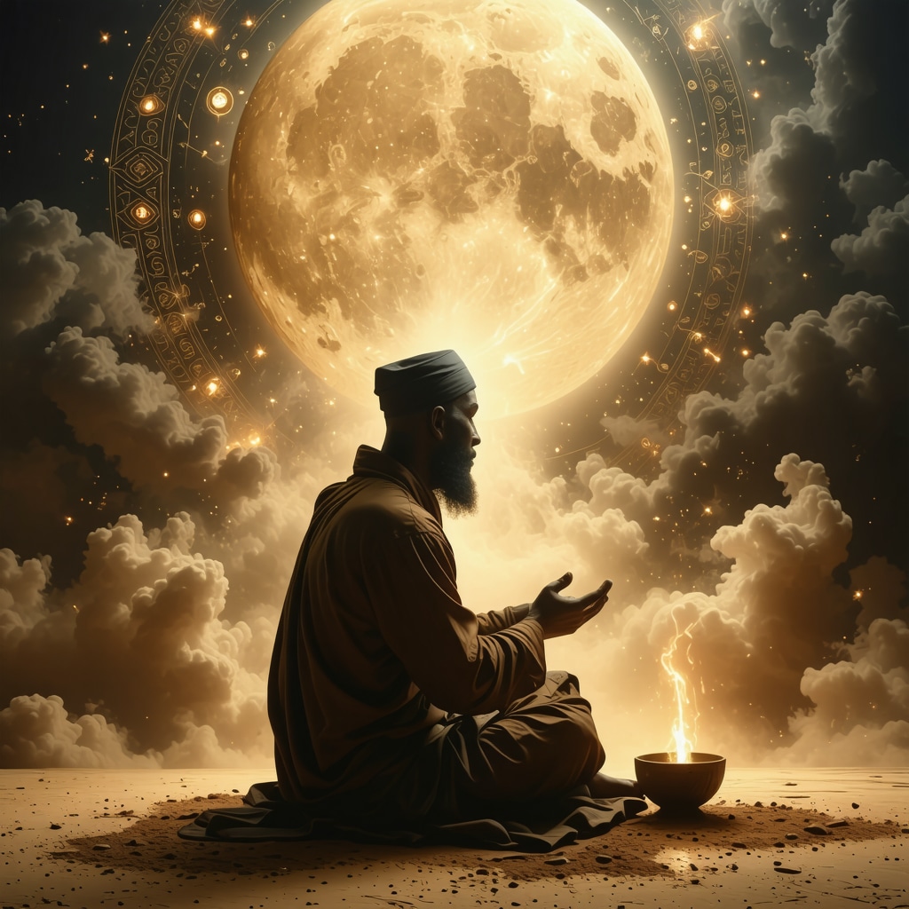 Person contemplating symbolic dreams about dirt and spiritual purification, with Islamic motifs