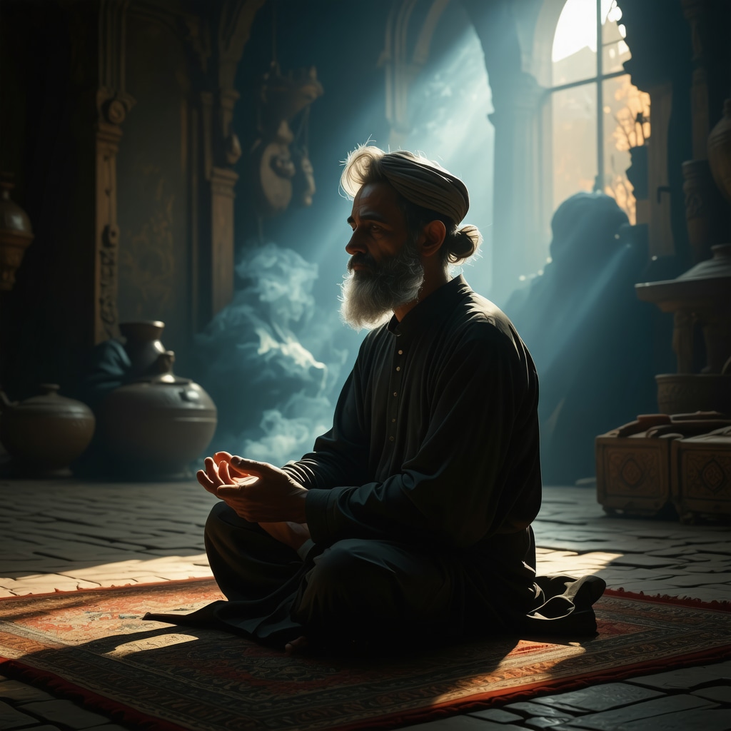 Islamic scholar contemplating dream symbolism in a serene setting
