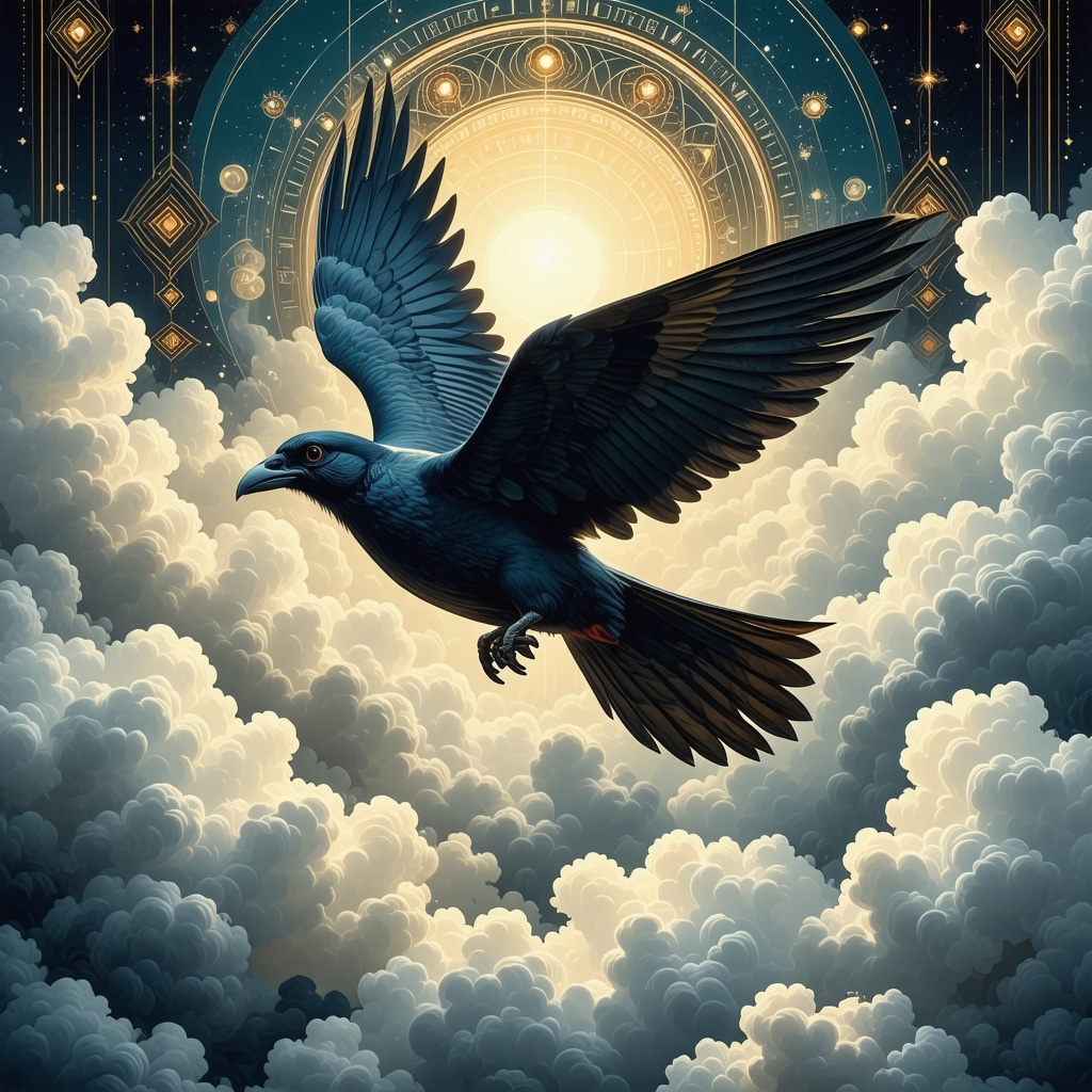 Mystical bird above clouds with Islamic geometric patterns symbolizing spiritual freedom and divine messages