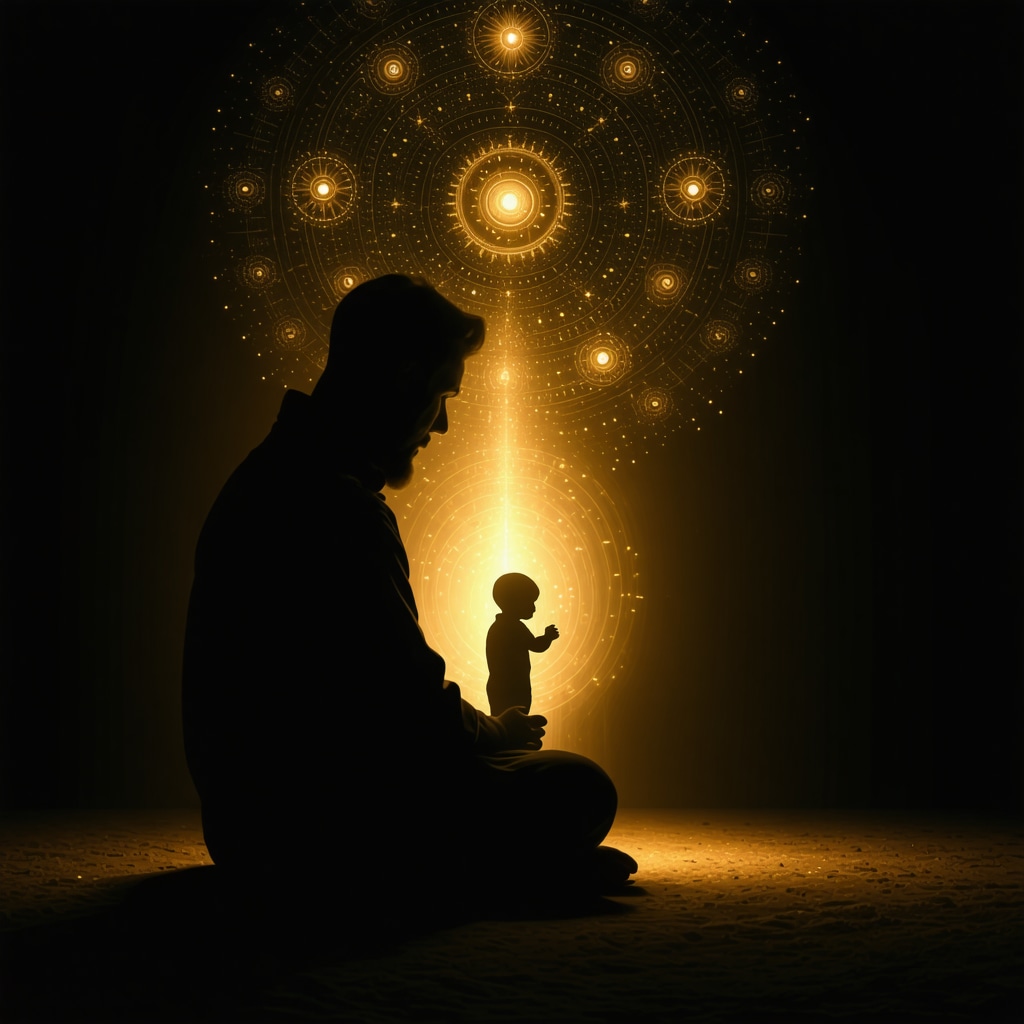 Person reflecting with Islamic motifs and protective child figure glowing