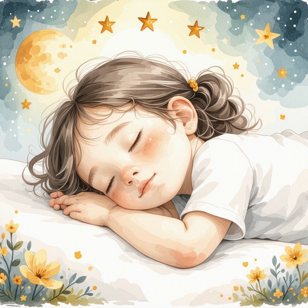A peaceful child sleeping with spiritual symbols around, representing dream interpretation in Islam.
