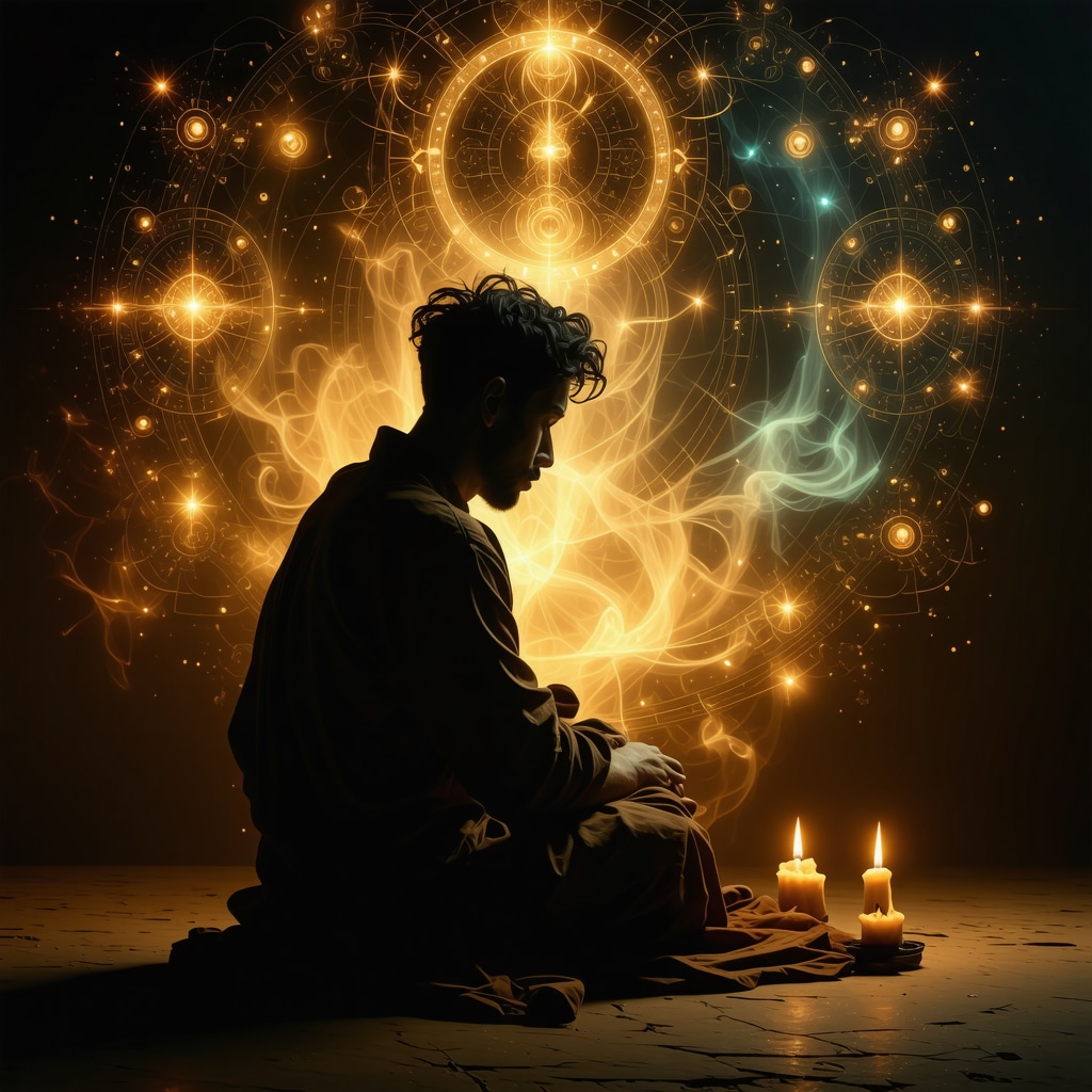Reflective person contemplating dreams about Shaytan with symbols of inner conflict and spiritual growth.
