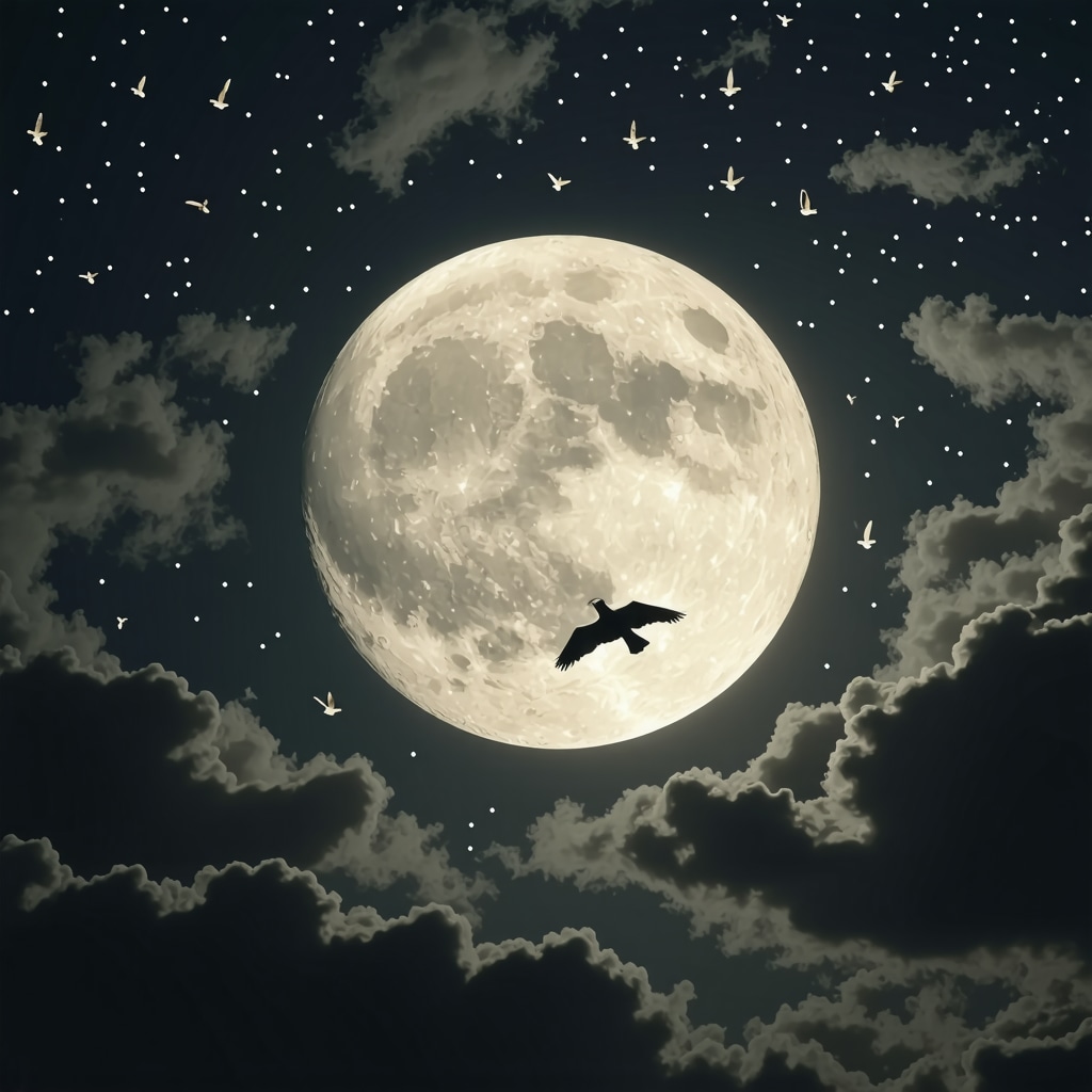 Birds flying in a night sky illuminated by moonlight, representing spiritual and dream symbolism in Islam