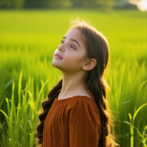 Young girl in a green field symbolizing hope in Islamic dream symbolism